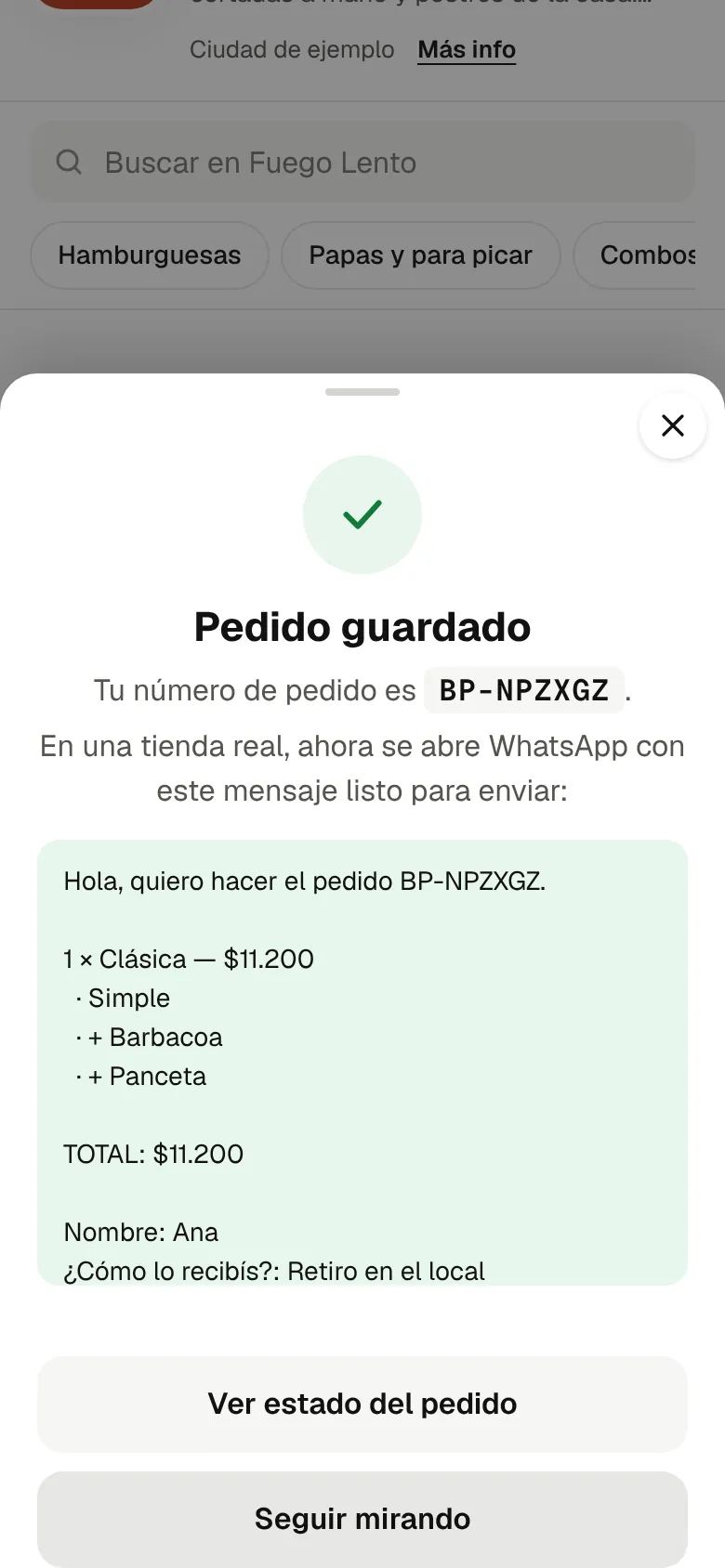 Confirmación de pedido con el mensaje que se envía por WhatsApp