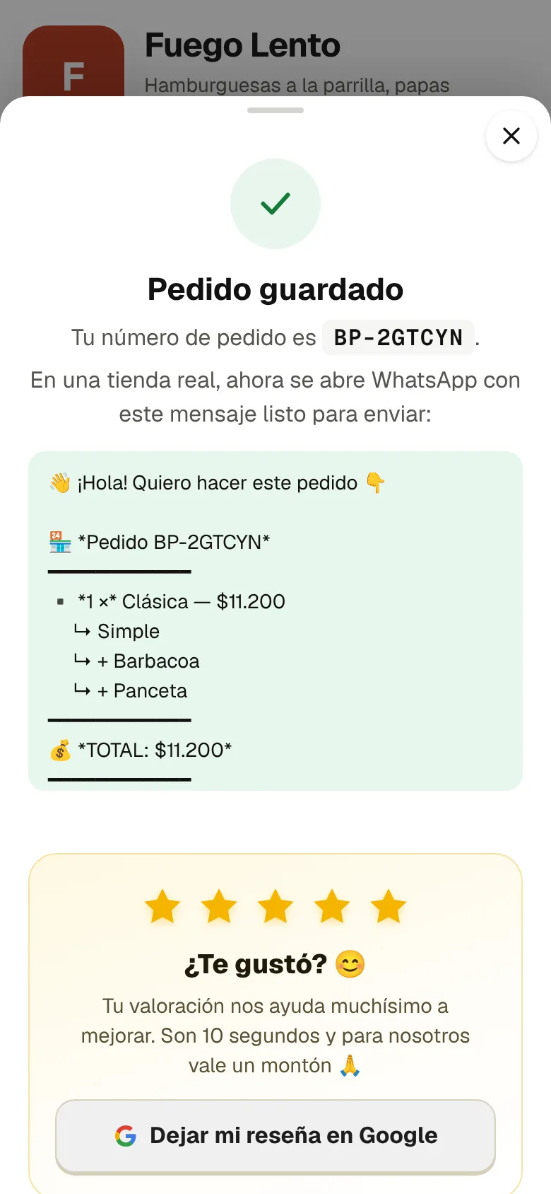 Lo mandás o lo pagás: Se abre WhatsApp con el pedido armado para el comercio, o pagás con Mercado Pago si el local lo acepta.