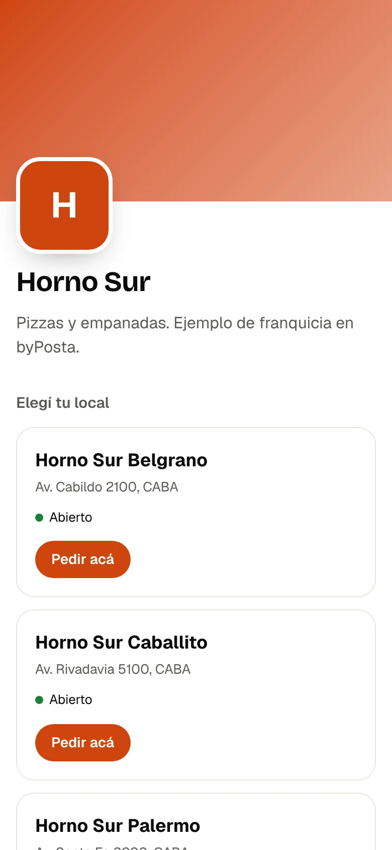 Página de la franquicia con la lista de locales para elegir dónde pedir
