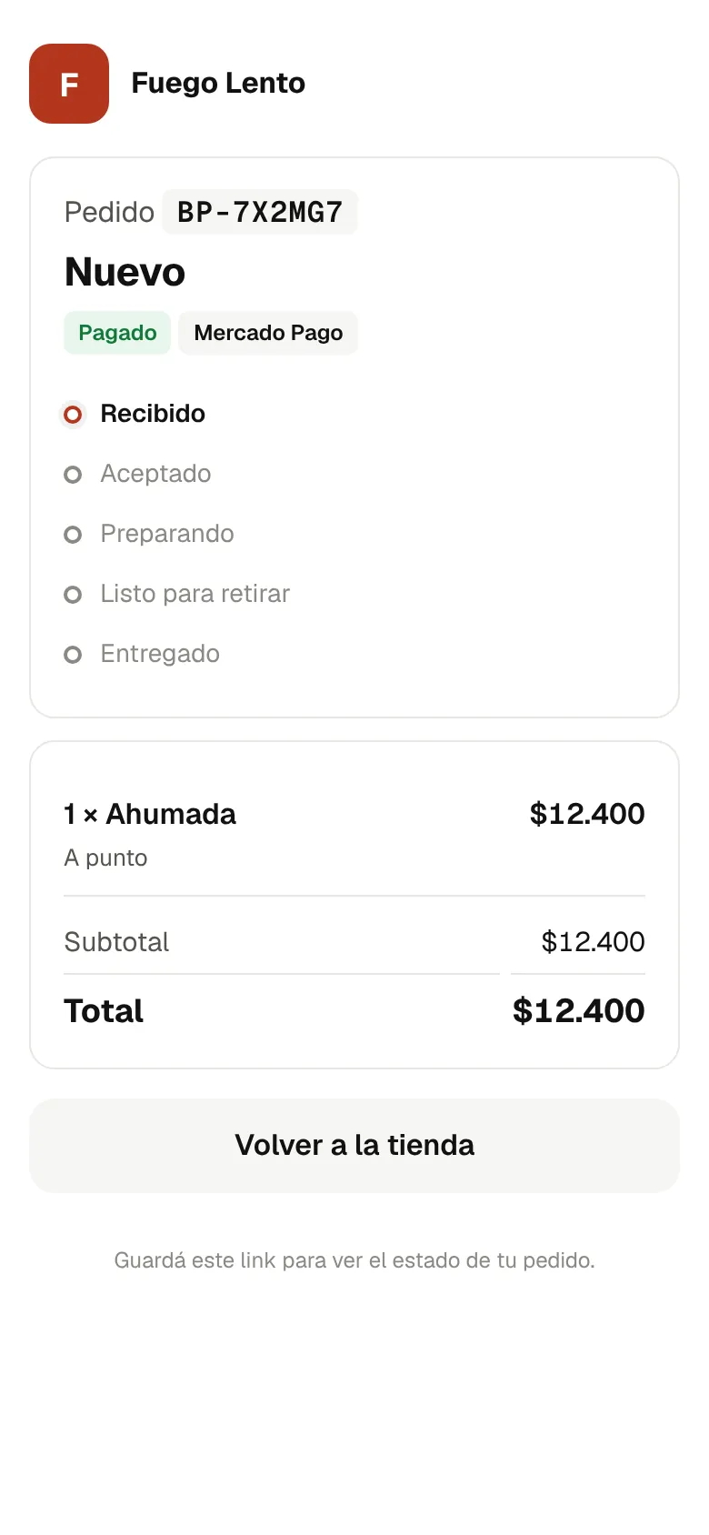 Estado de un pedido pagado con Mercado Pago